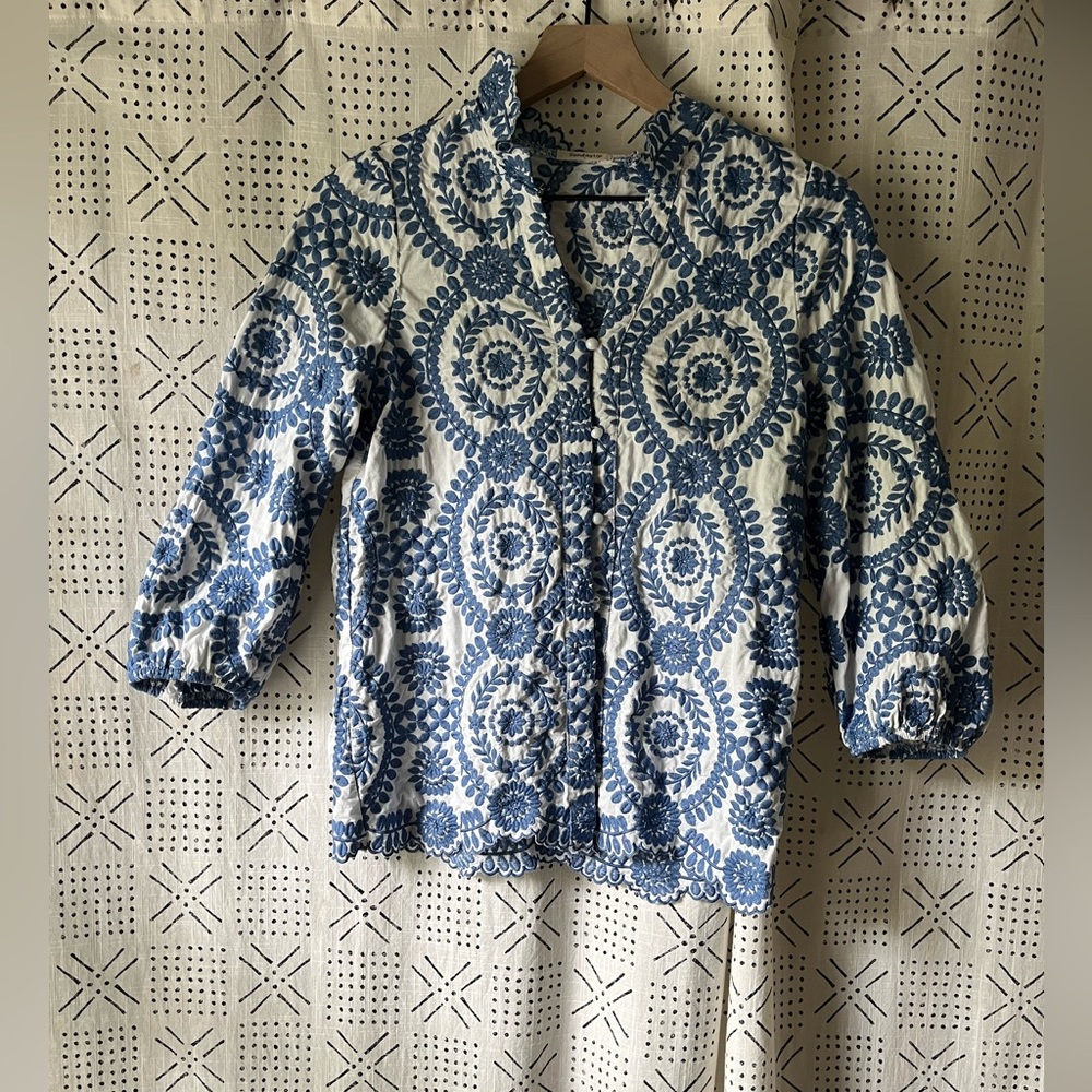 Sunday Up Blue and White Floral Button Down Blouse